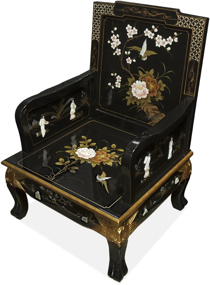 ChinaFurnitureOnline Wooden Asian Arm Chair, Black Lacquer Chinoiserie with Pearl Maidens