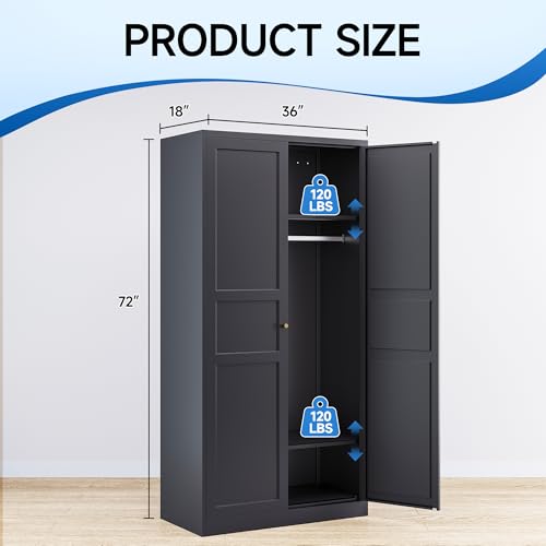 White Armoire Wardrobe Closet，71" Metal Clothing Storage Cabinets，with 2 Doors 2 Shelves Steel Wardrobe Storage，for Studio, Classroom, Garage, Gym Clothes Storage Organizer