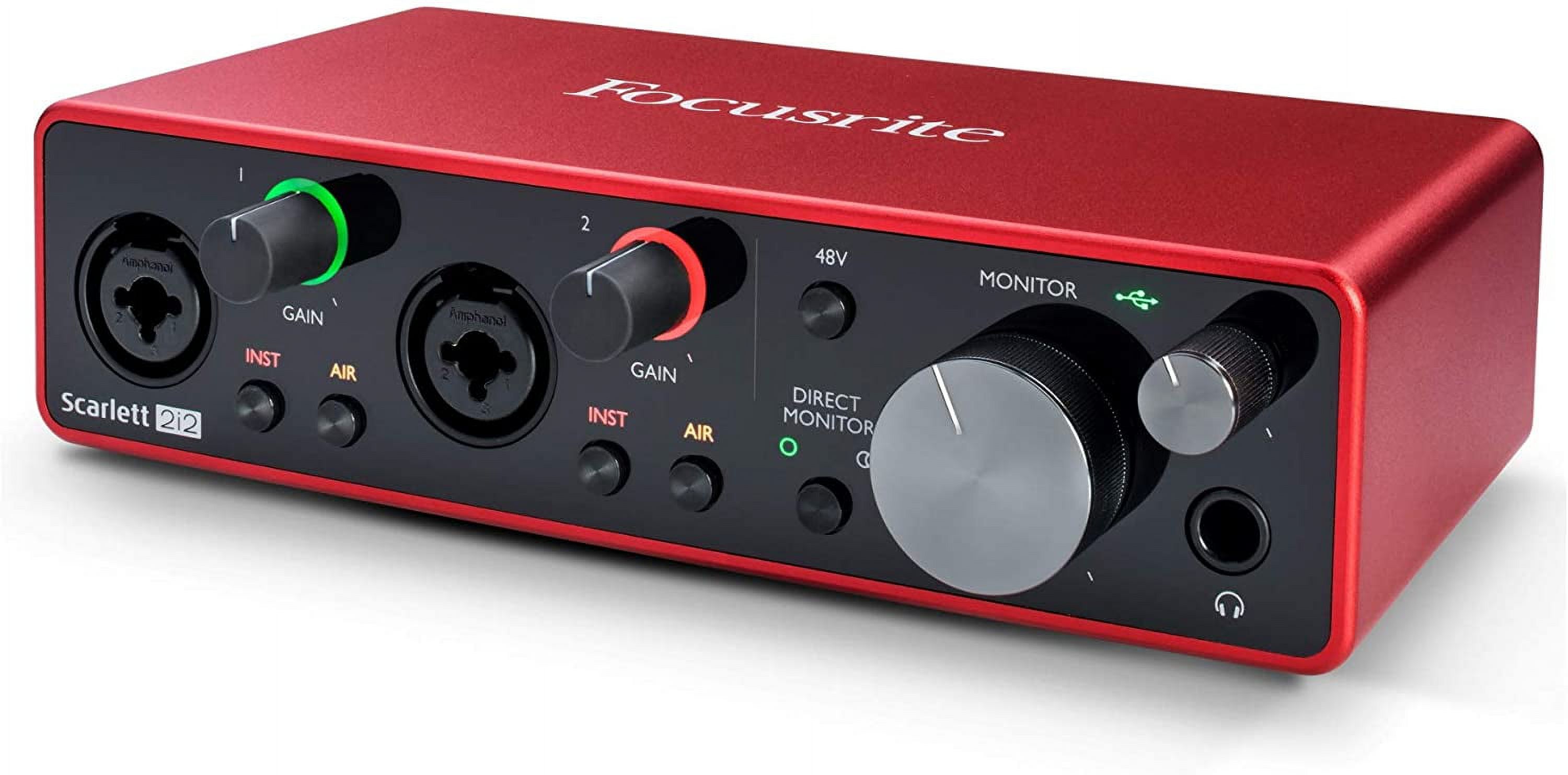 Focusrite Scarlett 2i2 3rd Gen 2x2 USB Audio Interface Bundle with Audio Technica AT2020 Condenser Studio Microphone MR DJ Stand, Shock Mount, Pop Filter and XLR Cable