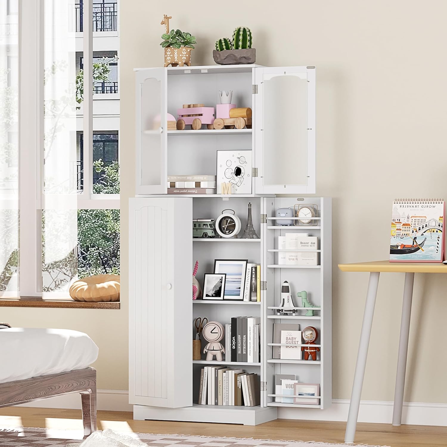 HOME BI 64" Kitchen Pantry Cabinet, Tall Freestanding Pantry with Glass Doors,Wooden Food Pantry Storage cabinet for Home Kitchen, Dining Room, Living Room(White, 23.62W x 11.81D x 63.58H)