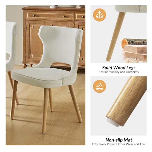 HULALA HOME Dining Chairs Set of 4, Upholstered Fabric Side Chair with Wood Legs High Back, Mid-Century Modern Kitchen Chairs, Curved Back Side Chairs for Dining Room Living Room(Ivory)
