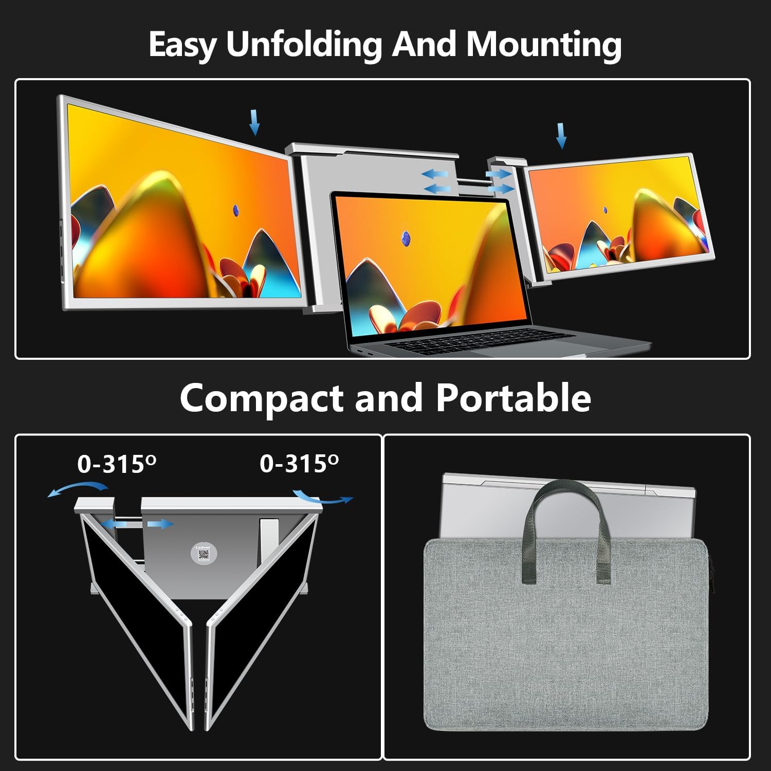 14" Triple Laptop Screen Extender, Plug and Play, FHD 1080P IPS Laptop Monitor Extender, Triple Portable Monitor, HDMI/USB-C Portable Monitor for 13.5" -16.5" Laptop - S1 Gray