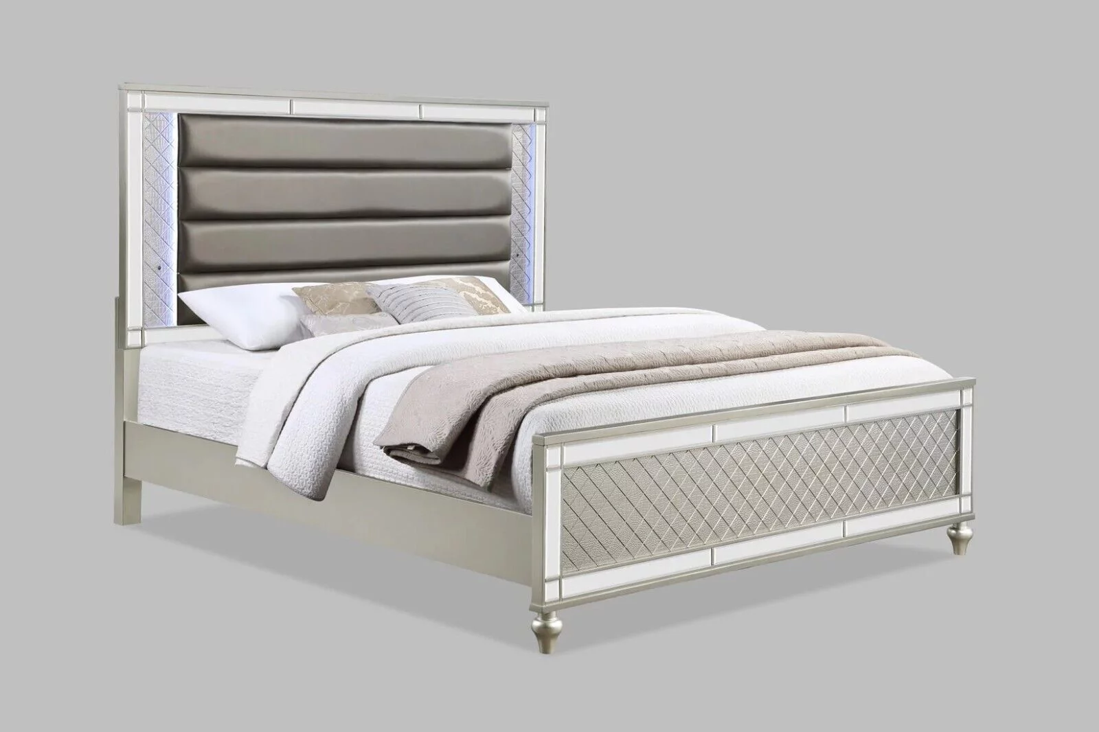 Modern Glam Style 4pc King Size Upholstery LED Bed Dresser Mirror Nightstand Wooden Master Bedroom Furniture Set