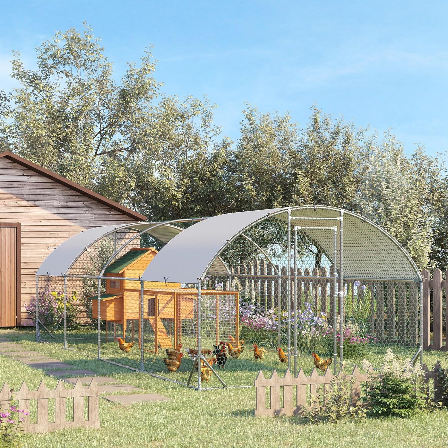 PawHut Chicken Run Large Metal Chicken Coop with Waterproof and Anti-UV Cover, Dome Shaped Walk-in Fence Cage Hen House for Outdoor and Yard Farm Use, 1" Tube Diameter, 9.2' x 24.9' x 6.5'
