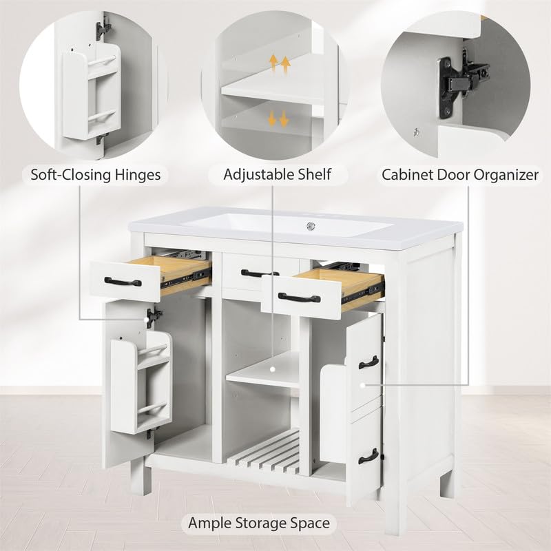 Bathroom Vanity with Sink, 36 inch Bathroom Vanity with Sink, Bathroom Sink Vanity with 3 Drawers and 2 Open Shelf, Built-in Soft Closing Door, Freestanding Bathroom Vanity Cabinet for Bathroom, White