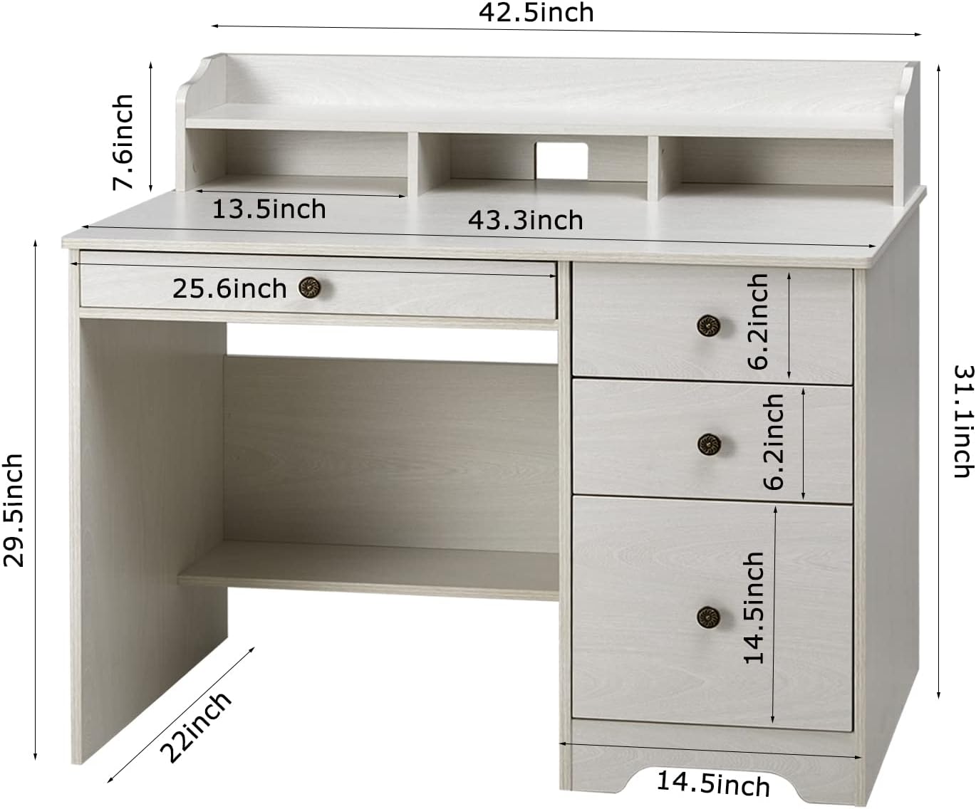 Computer Desk with 4 Storage Drawers and Hutch Shelf, Wood Frame Home Office Desk with Wide Tabletop, Industrial Vintage Style Executive Desk Writing Study Table PC Desk, Oak White
