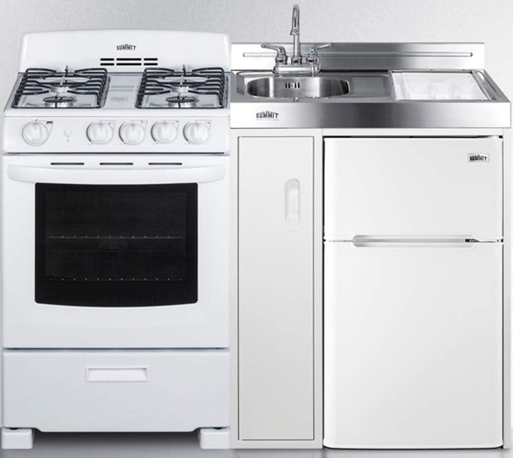 Summit Appliance ACK54GASW 54" Wide All-in-One Kitchenette with 115V 4-Burner Gas Range, Refrigerator-Freezer, Sink, Cutting Board and Cutlery Storage, and a Storage Cabinet
