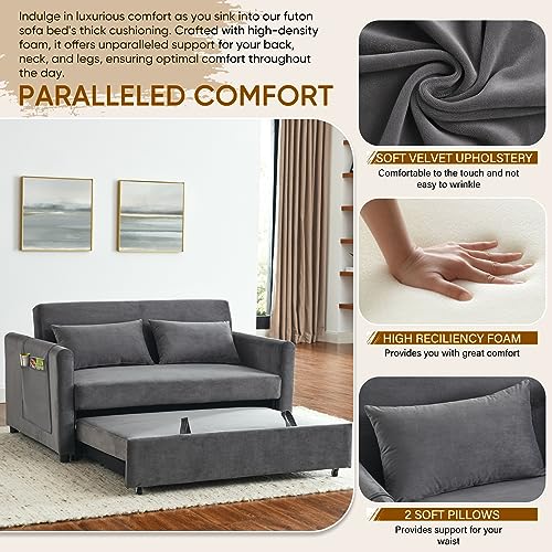 3 in 1 Convertible Sleeper Sofa Bed, Modern Velvet Loveseat Futon Couch Pullout Bed with Side Storage Pockets & Pillows, Small Love Seat Lounge Sofa Bed for Living Room, Small Space (Blue)