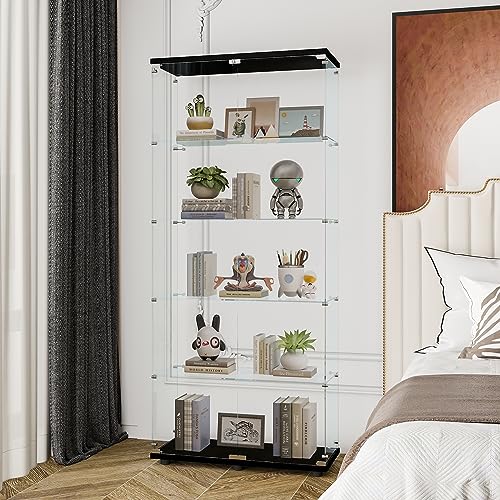 64.7" H Two-Door Display 4 Shelves, Curio Cabinets for Living Room, Bedroom, Office, Floor Standing Glass Bookshelf, Quick Installation, 64" 31" 14", Black