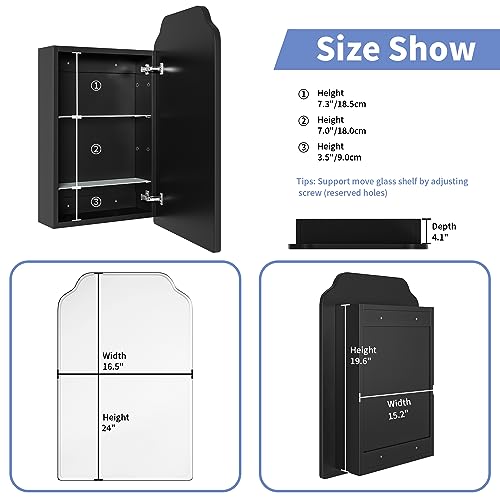 Victorian-Style Recessed Bathroom Medicine Cabinet, Wood Wall Cabinet with 16.5"x24" Curved Mirror, Bathroom Storage Cabinet, Black, Left-Swing Door