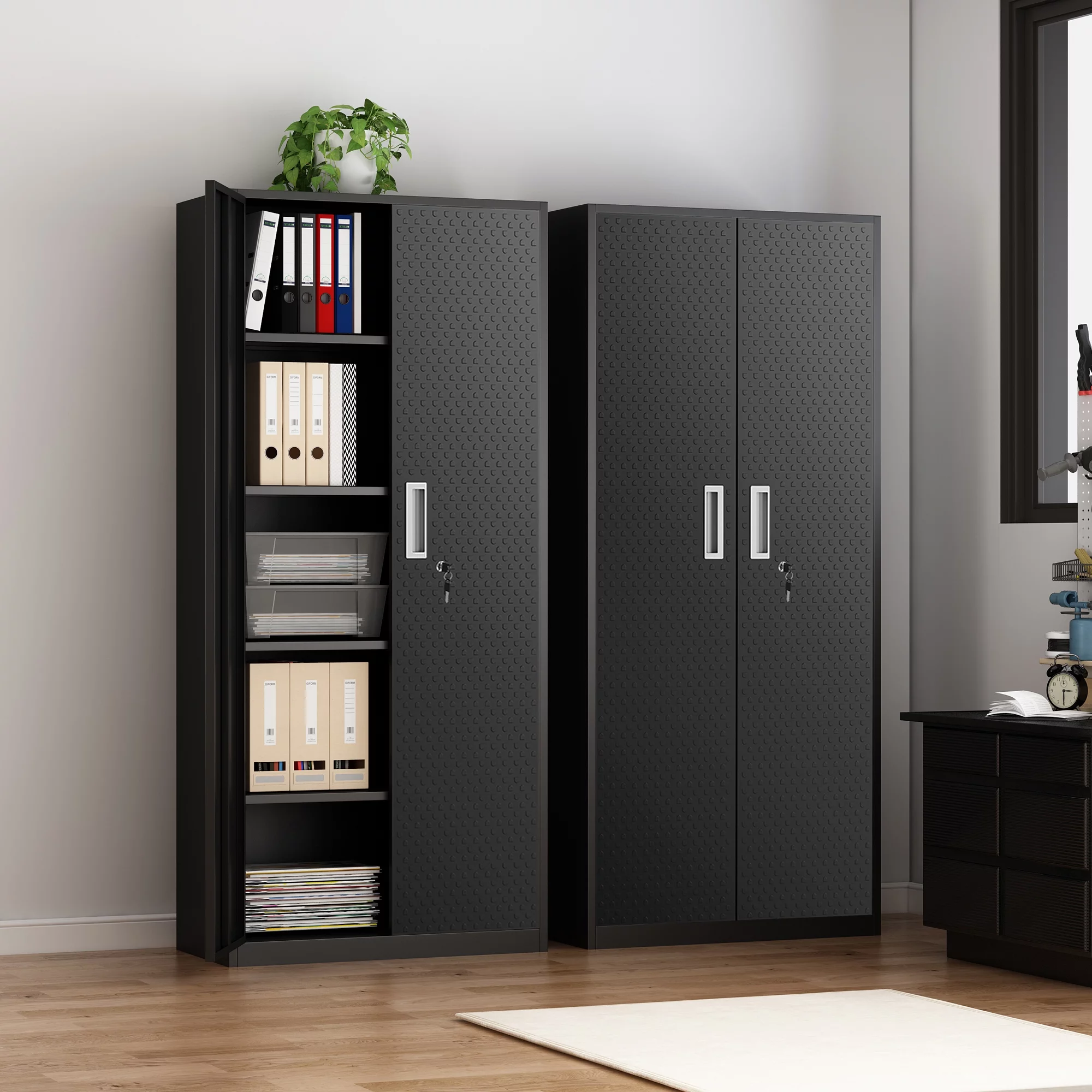 Tall Metal Storage Garage Cabinets with Locking Doors and 4 Adjustable Shelves, Double Handles, Steel Storage Cabinet for Garage, Office, Bedroom,Classroom, Employees,School,GymBlack