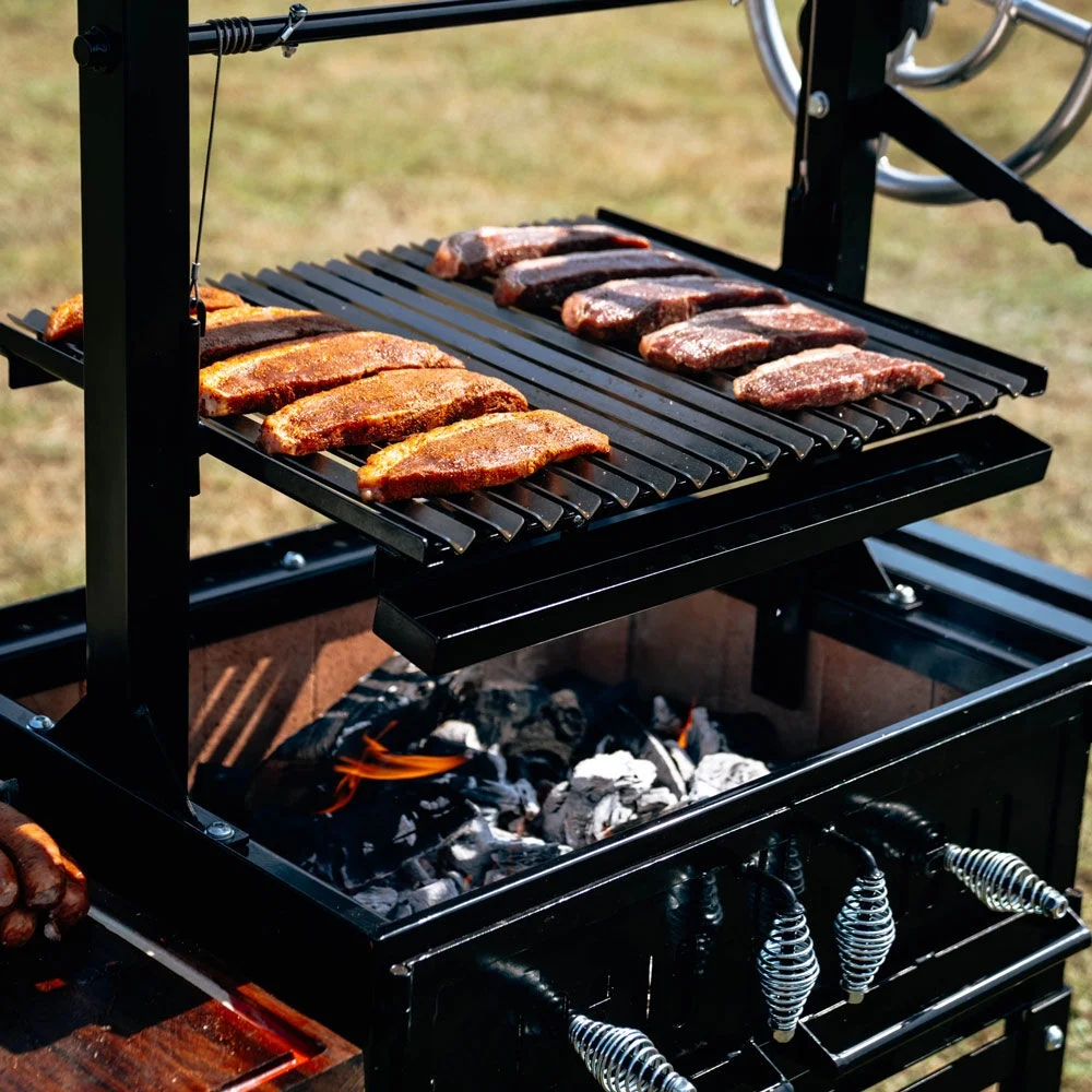 Ash & Ember Santa Maria Grill, Steel Wood & Charcoal Argentine Grill, Flywheel for Adjustable Grate Height, BBQ Grill with Ceramic Brick Lining, V-Grates & Grease Trap, Bottom & Side Shelves