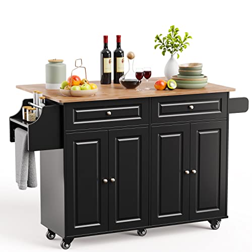 Kitchen Island with Drop Leaf and Storage, on Wheels Two Drawers, Large Storage Cabinet, Towel Rack Spice Cart Brown