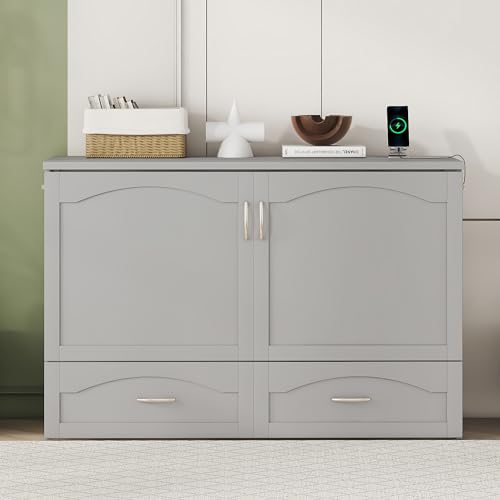 Convertible Murphy Bed 2-In-1 Wall Bed Solid Wood Murphy Cube Bed w/Drawer&Sockets/USB Ports for Teen Adult, Folding Storage Chest Bed Platform Bed Frame w/Headboard for Home Office Dorm (Queen,Grey)