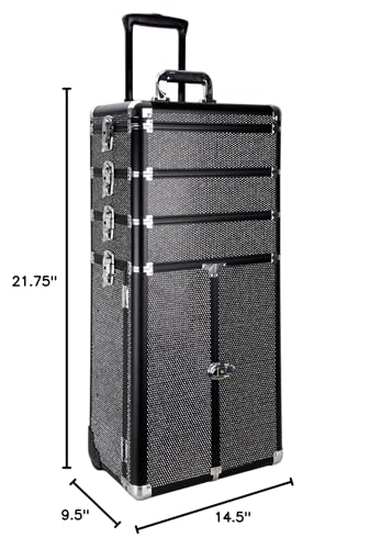 Sunrise 5-in-1 Pro Rolling Aluminum Cosmetic Makeup Artist Train Case Organizer Trays Drawers Extra Lid, Black Krystal