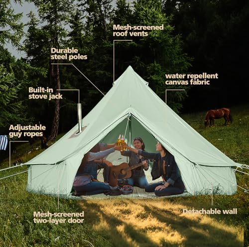 Cotton Canvas Bell Tent, Waterproof Large Tents with Sturdy Center & Door Pole and Space for 4/6/8 Person All 4 Season Camping Yurt Tent