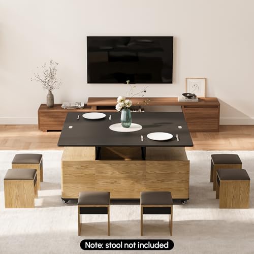 homary Black Lift-Top Coffee Table with Hidden Storage, 3-in-1 Modern Folding Center Table with 4 Stools, Casters, and Lockable Wheels – Convertible Dining & Office Table for Living Room