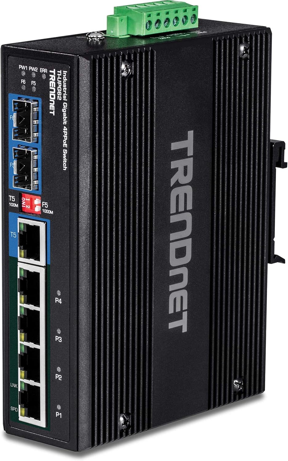 TRENDnet 6-Port Hardened Industrial Gigabit PoE+ DIN-Rail Switch, 4 x Gigabit PoE+ Ports, Shared Gigabit Port (RJ-45/SFP), Dedicated SFP, 120W Power Budget, IP30, Lifetime Protection, Black, TI-PG62