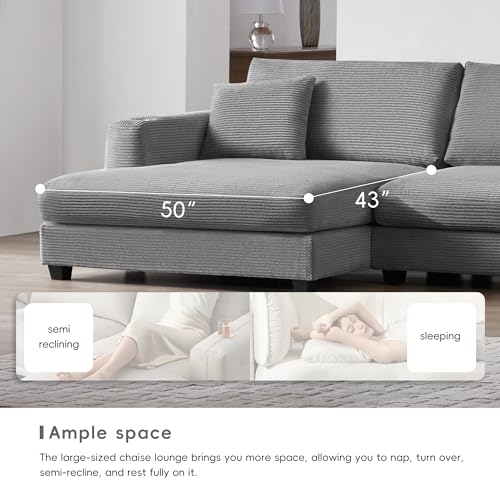 Oversized Corduroy Sectional Sofa, L Shaped Cloud Couch with USB Charging Port,Cup Holder,Deep Seat Sofa Bed with 50" Chaise, Comfy Indoor Furniture for Living Room Apartment (Beige)