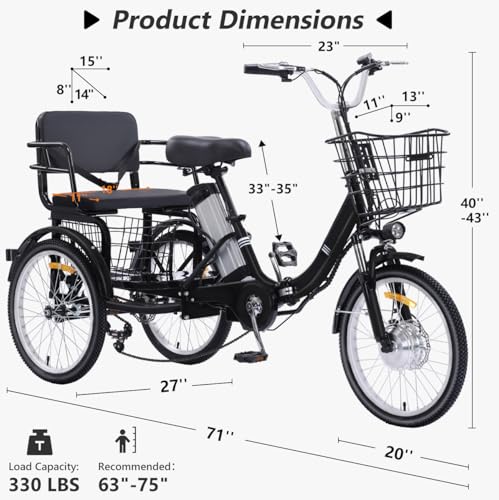 Electric Tricycle for Adults, Peak 750W/500W, Electric Trike, 20"x4.0" Folding Fat Tire 3 Wheel Electric Trike, Max 20MPH,with Large Basket and 48V 15/13 Ah Removable Battery