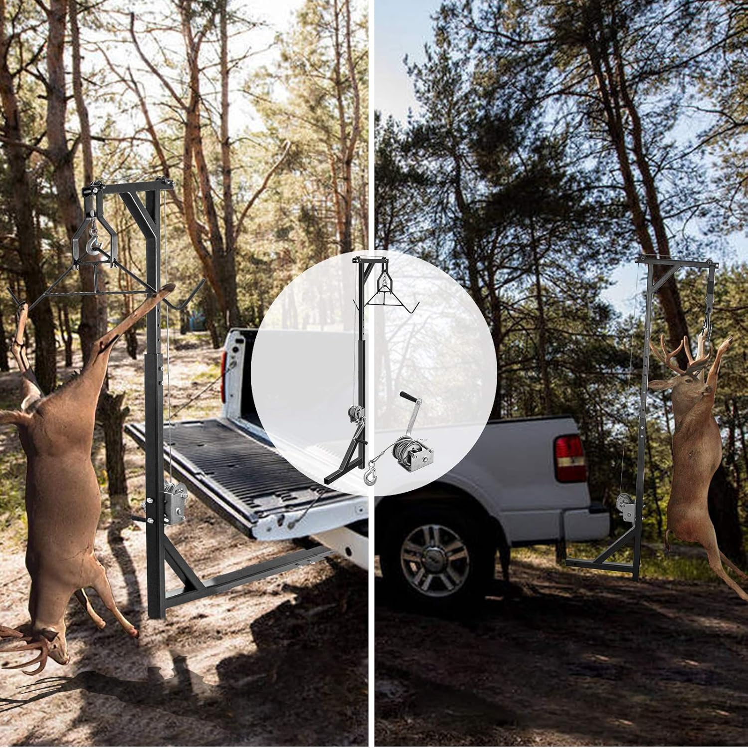 VEVOR Hitch Mounted Deer Hoist, 500lbs Capacity Hitch Game Hoist, 2'' Truck Hitch Deer Hoist with Winch Lift Gambrel Set, Foot Base, Adjustable Height and 360 Degrees Swivel for Hunting, Hanging