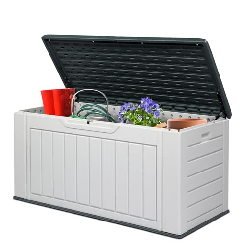 VINGLI Outdoor Storage Shed, Resin Storage Cabinet with Lockable Design, Weatherproof Tool Shed with HDPE Material, Resin Deck Box for Garden Tools, Pool Equipment, Garbage Cans, White (59 Cu.ft)