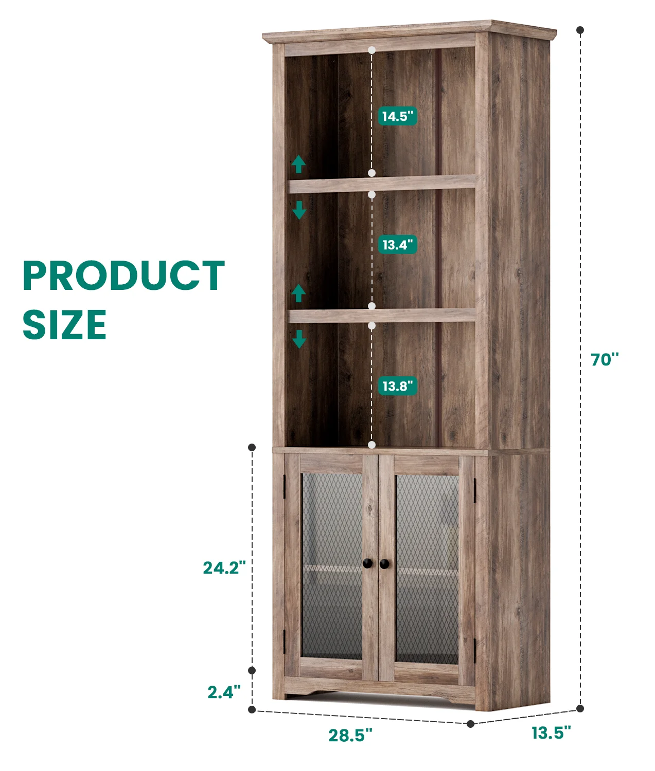 LGHM Farmhouse Bookshelf with Adjustable Shelves , 70" Tall Sturdy 5-Shelf Bookcase with Doors for Home Office, Living Room