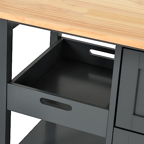 YITAHOME Small Solid Wood Top Kitchen Island Cart on Wheels with Storage, Rolling Portable Dining Room Serving Utility Carts Mobile Movable with 3 Drawers Cabinet, Oak & Gray