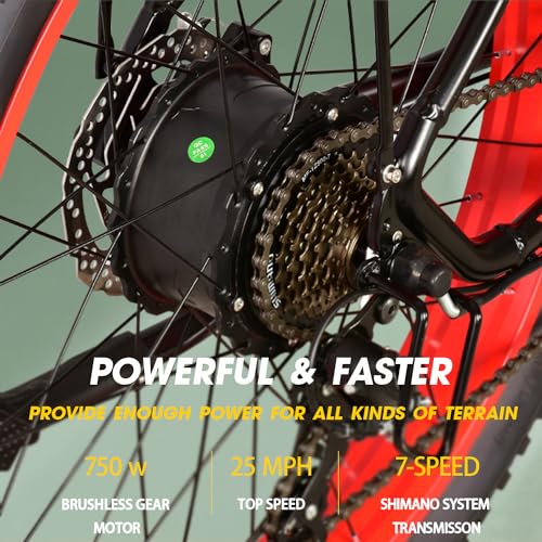 Electric Mountain Bike 26'' Fat Tire Electric Bicycle with 750W Motor and Shimano 21-Speed for Adults, 48V 13Ah Lithium Battery, All-Terrain Fat Tires, 26'' Wheel Size