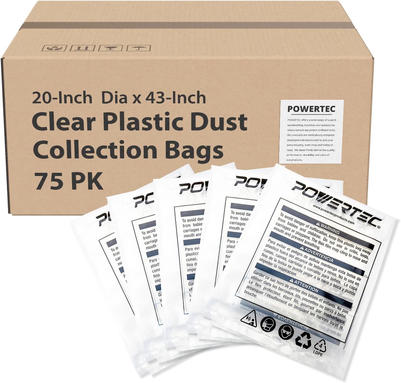 POWERTEC 70002-Case15 Clear Plastic Dust Collection Bags, 20" x 43" | Dust Collector Bags for machine with 20" Filter Drum, Case of 75 Pcs