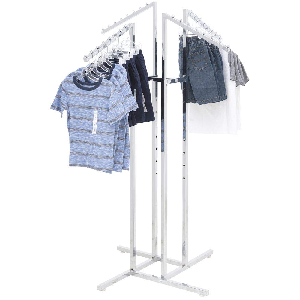 Clothing Rack &ndash; Heavy Duty Chrome 4 Way Rack, Adjustable Arms, Square Tubing, Perfect for Clothing Store Display With 4 Slanted Arms