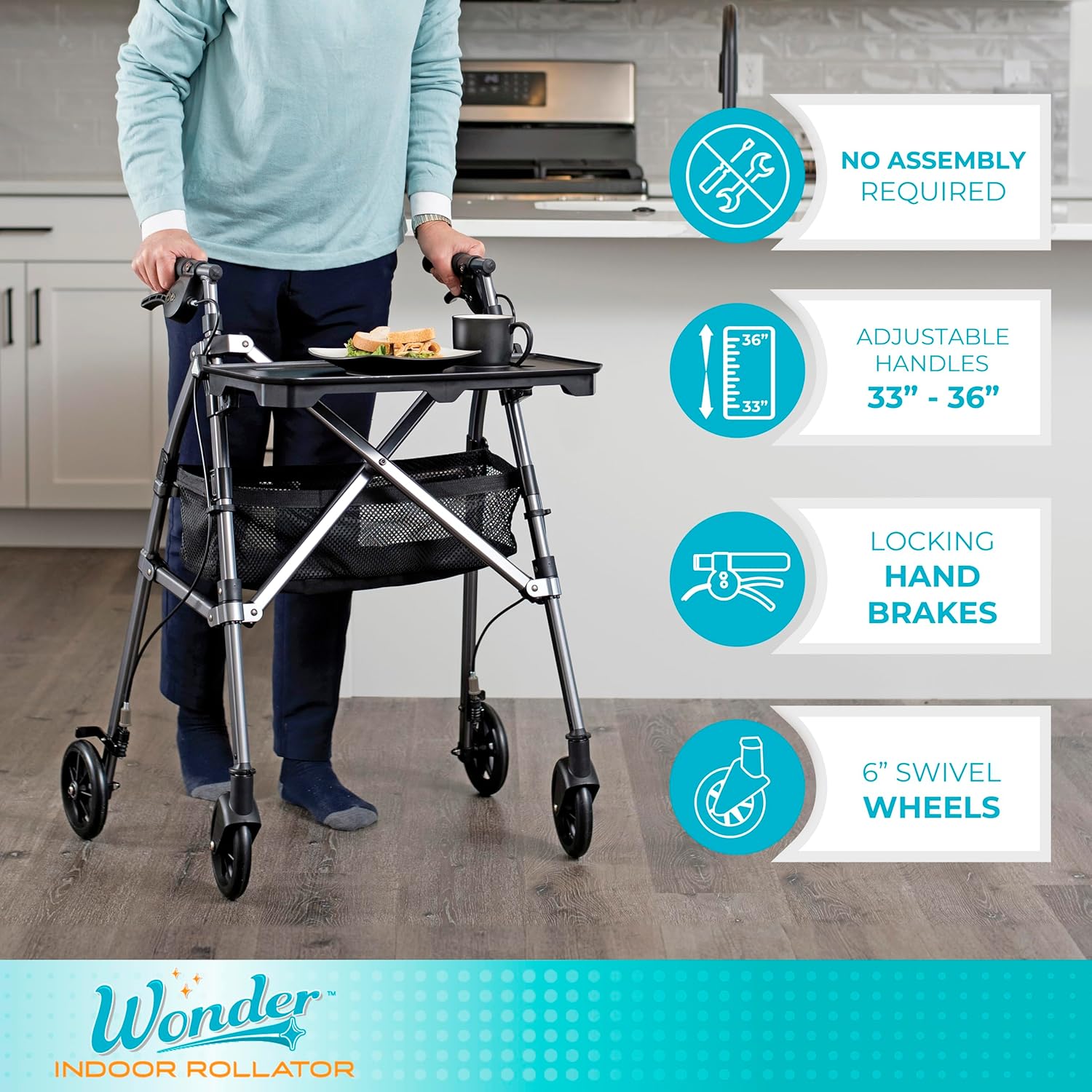 Stander Wonder Indoor Rollator with Tray and Basket, Lightweight Folding Mobility Rolling Walker for Seniors and Adults, Narrow Walker with 6-inch Wheels, Locking Brakes, Black Walnut