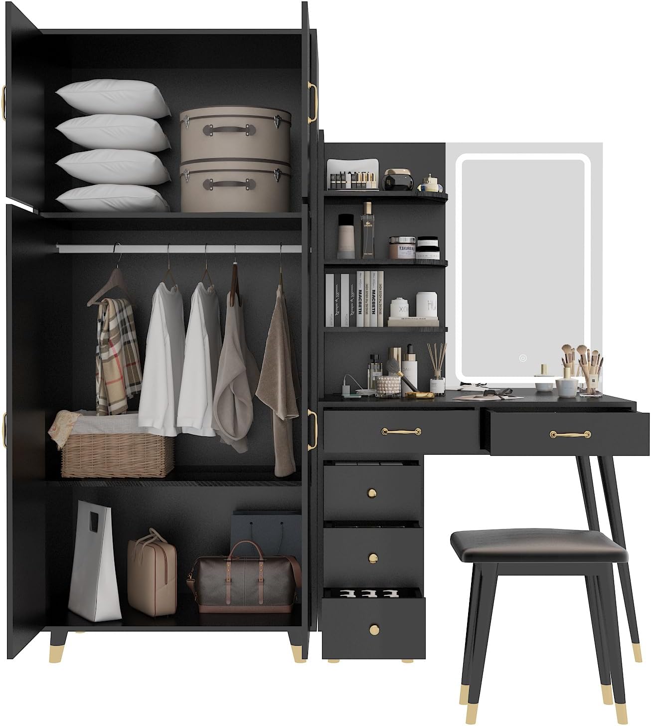 Black Makeup Vanity Desk with 4 Door Bedroom Closet, Lights Mirror, Black Vanity Table and Stool Set, Dressing Table with Armoire Wardrobe Set, Vanity Desk and Tall Storge Cabinet 170 x 50 x 185CM