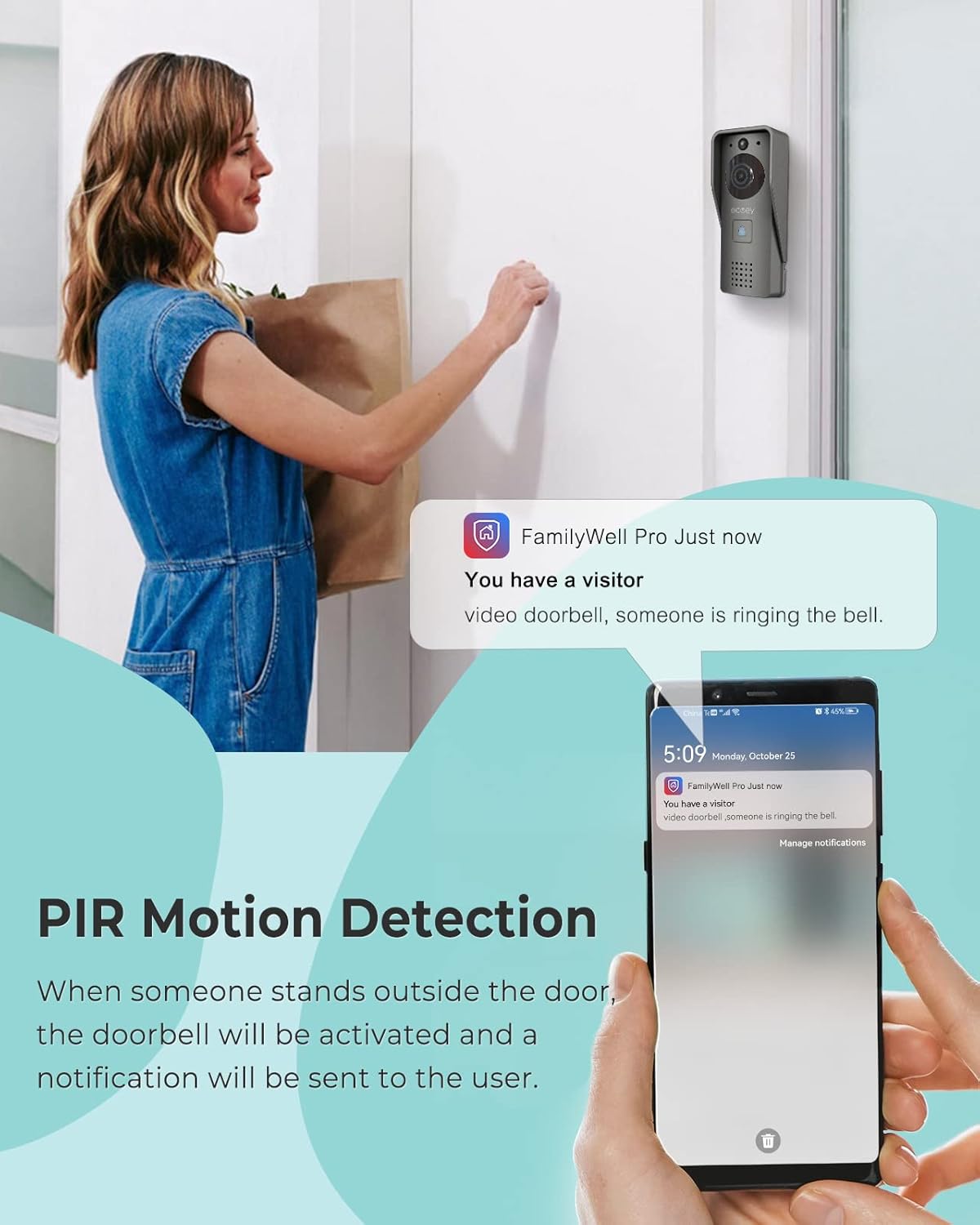 Ecoey Video Doorbell Camera, Smart Wi-Fi Doorbell Camera with Two-Way Audio, Video Doorbell with 1080P HD, PIR Motion Detection, Removable TF Card, Wireless Doorbell with Solar Energy, GW1002, 1PACK