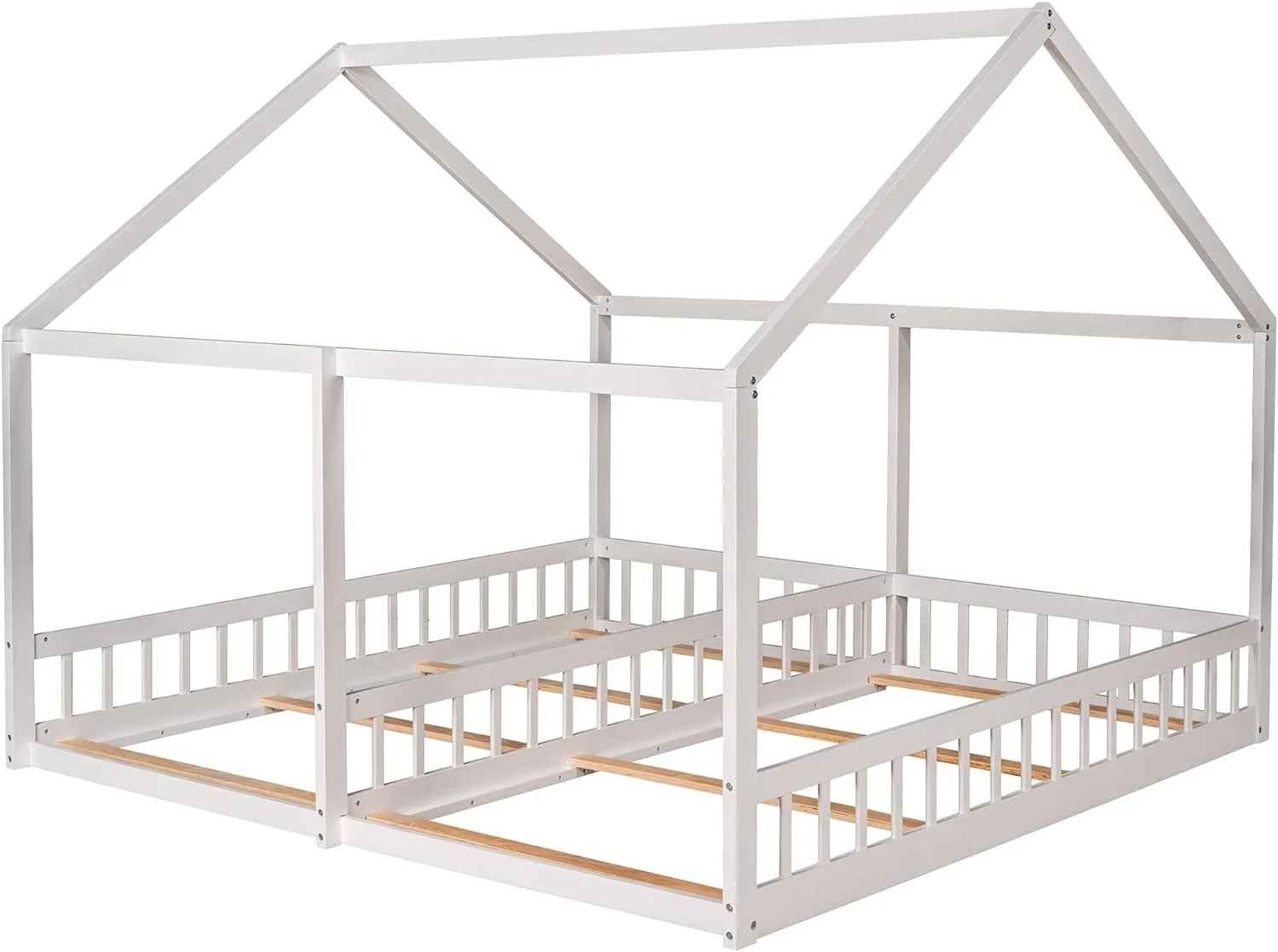 House Bed For 2 Kids, Double Shared Size Beds, Wooden Toddler, Montessori, Floor, Teens, Boys & Girls, Can Be Decorated Tent (Double, White)