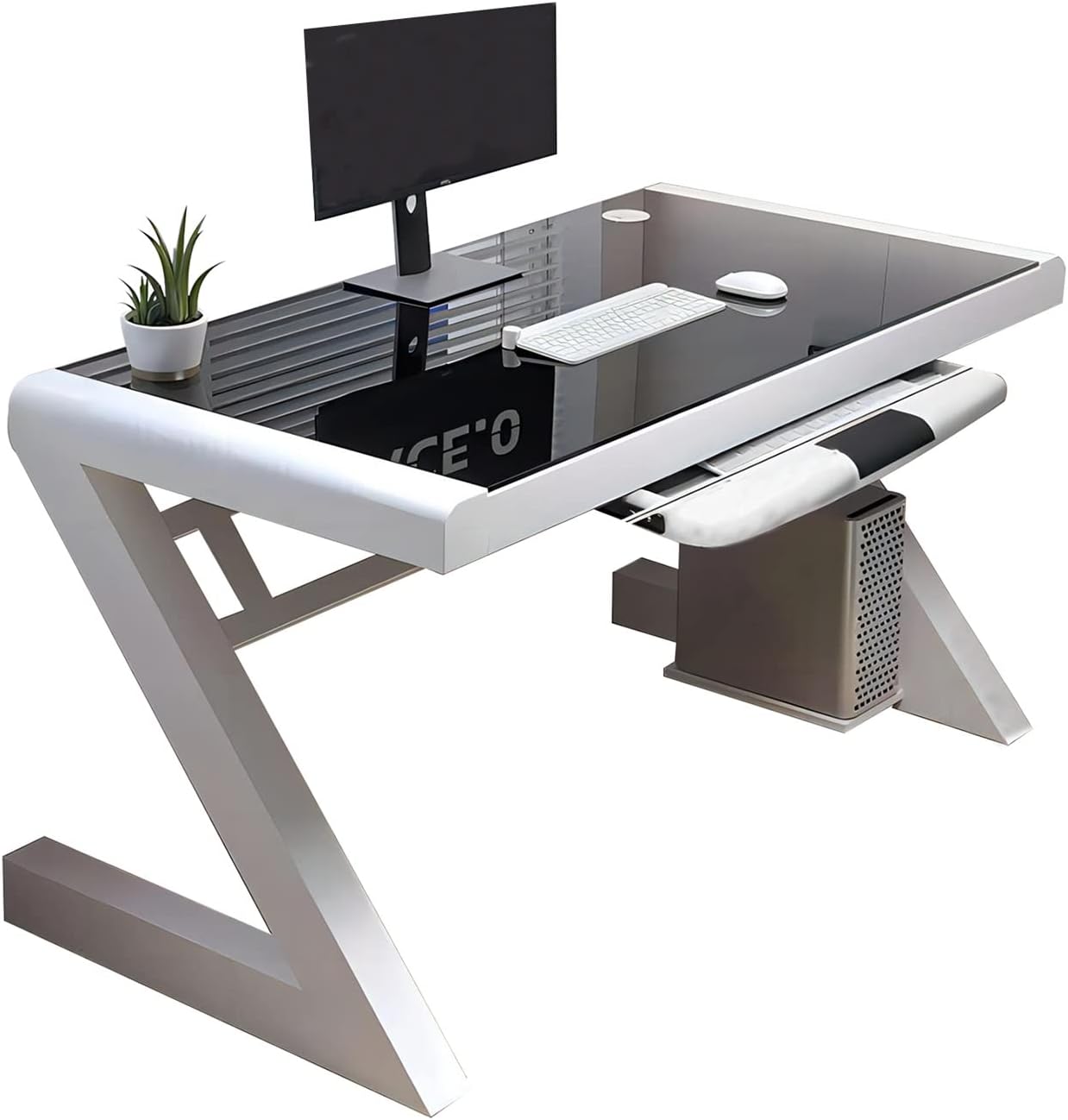Modern Z-Shape Computer Desk with Keyboard Tray Tempered Glass Large Office Desk Study Writing Desk Easy to Install Computer Workstation for Home Office(Black+White,55.1 * 23.6'')