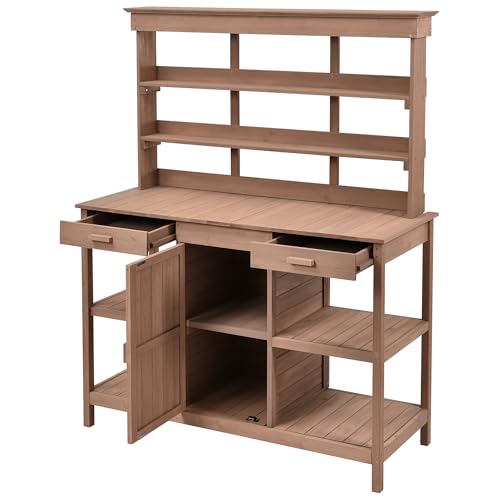 Outdoor Wooden Potting Bench Table – Farmhouse Garden Workstation with Drawers, Cabinet & Storage Shelves, Large Fir Wood Work Table for Patio, Backyard, Mudroom, Greenhouse (Light Brown, 66''H)