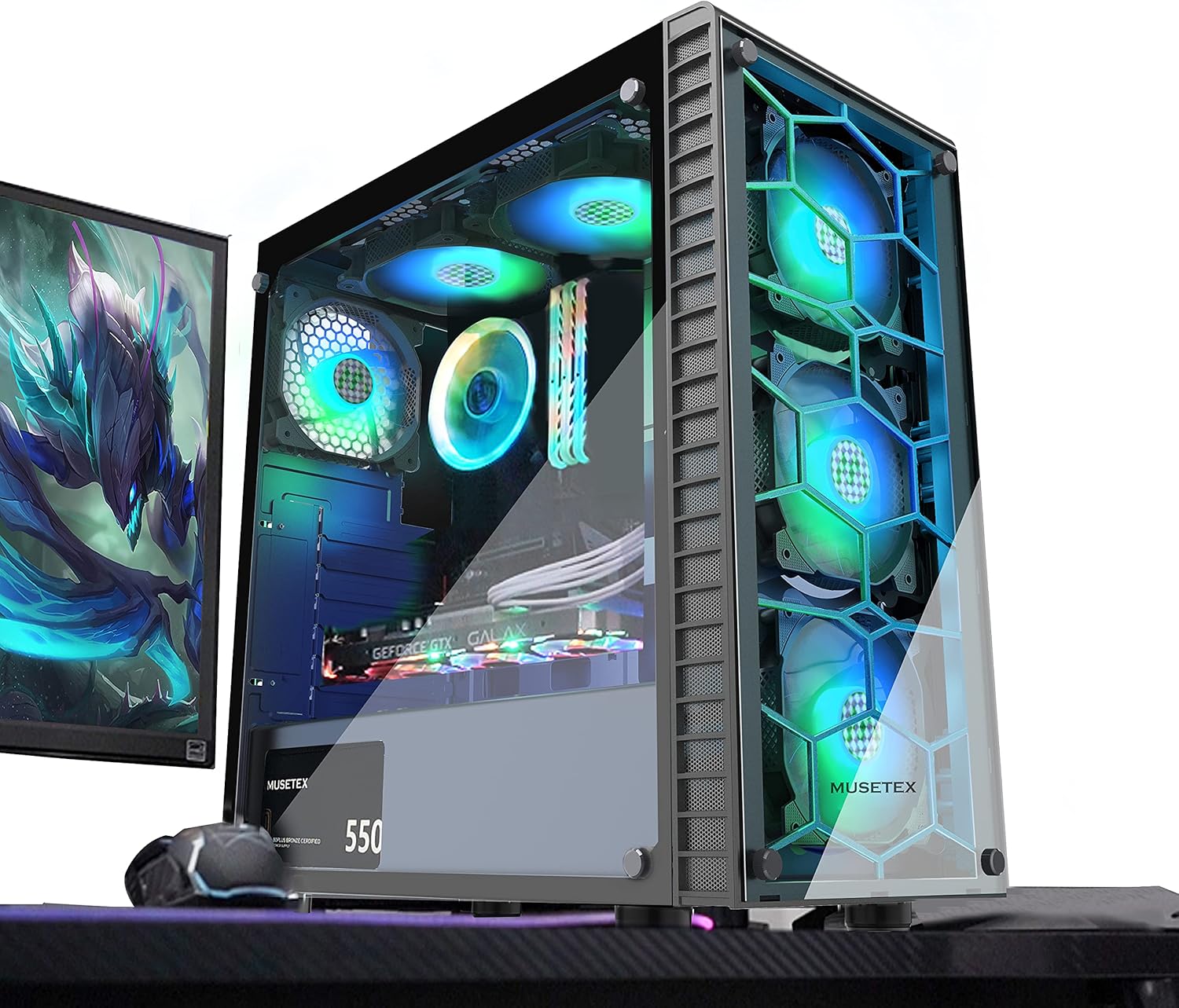 MUSETEX Black ATX Mid-Tower Case Computer Case with 2 Tempered Glass Panels Gaming PC Case USB 3.0 and 6pcs 120mm ARGB Fans