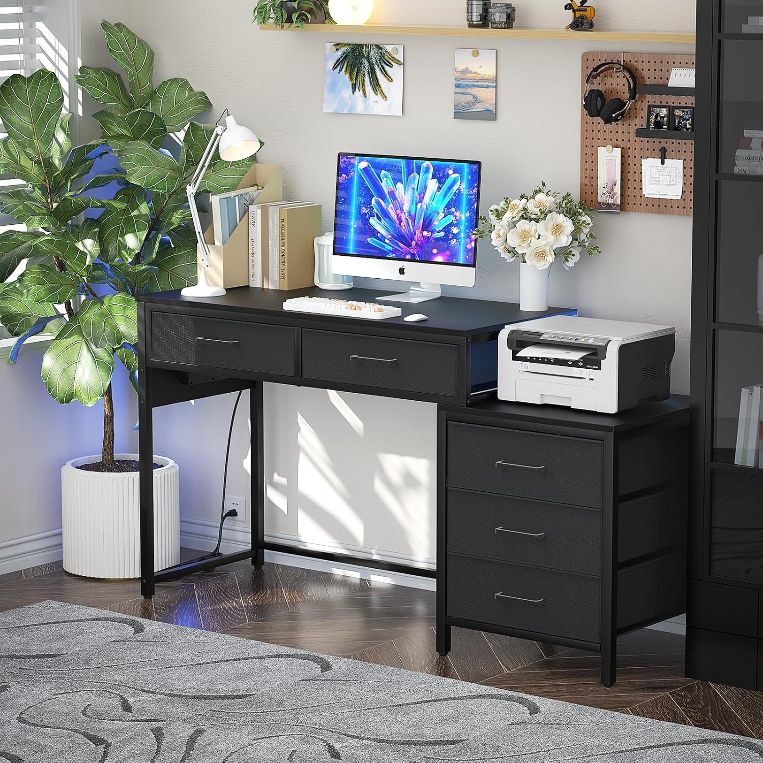 Computer Desk with 5 Drawers, Reversible Office Desk with Power Outlets and USB Charging Ports, Sturdy Writing Table with File Cabinet and Printer Stand, Laptop Desk for Small Spaces, Black
