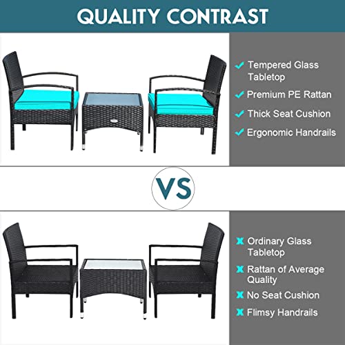 COSTWAY 3 PCS Patio Wicker Conversation Set, PE Rattan Sofa with Tempered Glass Coffee Table, 2 Chairs, 2 Cushions, Outdoor Patio Furniture Set for Yard Porch Bistro Balcony Backyard Pool, Red