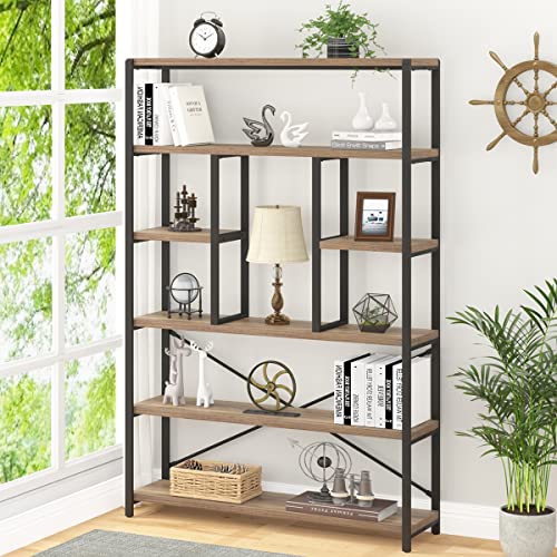 LVB Industrial Tall Bookshelf, Modern Wood Metal 6 Tier Book Shelf, Farmhouse Large 6 Shelf Etagere Bookcase, Open Wide Storage Bookshelves and Bookcases for Bedroom Living Room Office, Dark Gray Oak