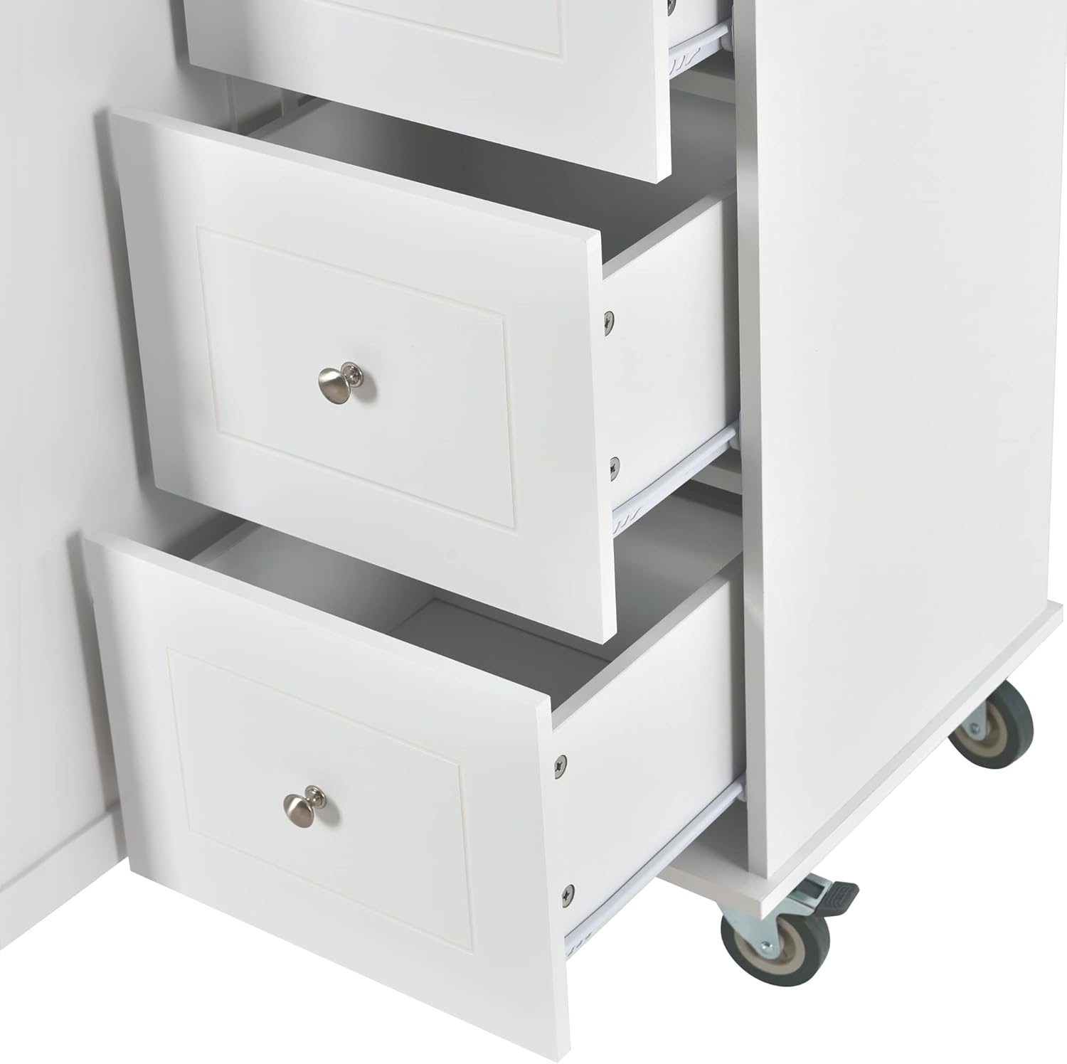 52.7 Inch Width Kitchen Island with 3 Drawers and Internal Storage Racks, Rolling Kitchen Cart with Towel Rack and Locking Wheels, Spice Rack, Drop Leaf Counter Top, Adjustable Shelves, White