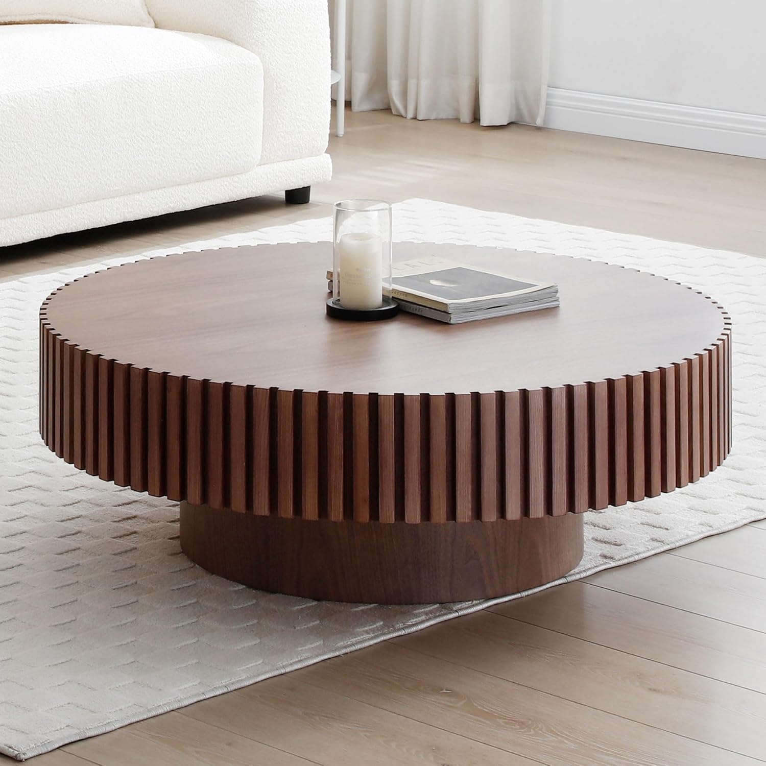 Fluted Coffee Table - Round Coffee Tables with Vertical Texture Relief Design, Contemporary Coffee Table with Cylindrical Sturdy Pedestal, Pedestal Coffee Table for Living Room (Walnut, 31.49'')