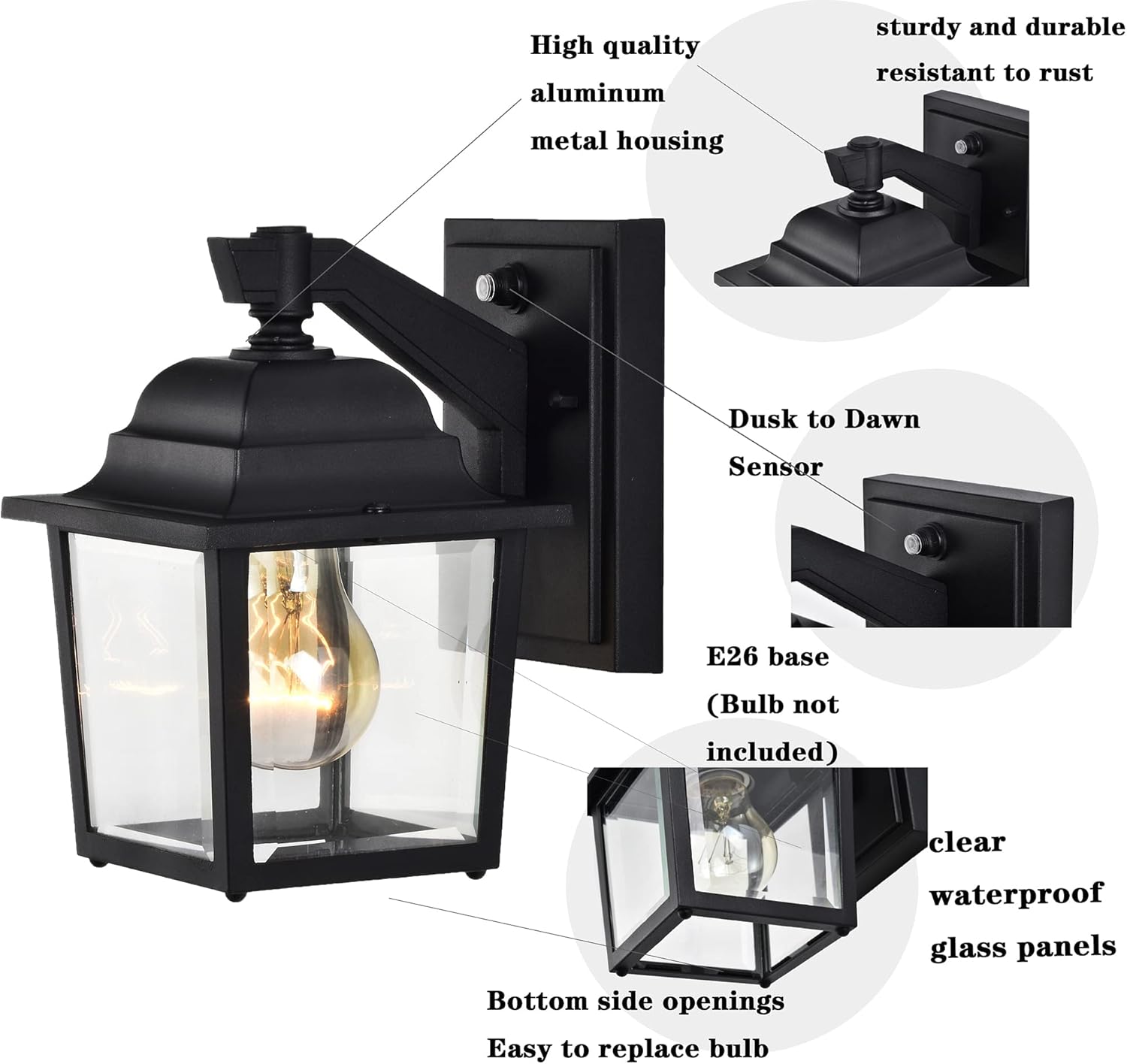 Black Outdoor Wall Lights 1 Light Porch Lights 2 Packs Dusk to Dawn Outdoor Wall Lantern with Sensor