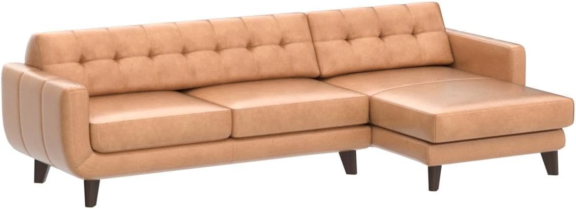 ASHCROFT Elva Mid Century L-Shaped Genuine Leather Right Facing Chaise Sectional, Light Brown Tufted Tight Back Sectional Sofa for Living Room Waiting Area Office Apartment Dorm Home, Tan