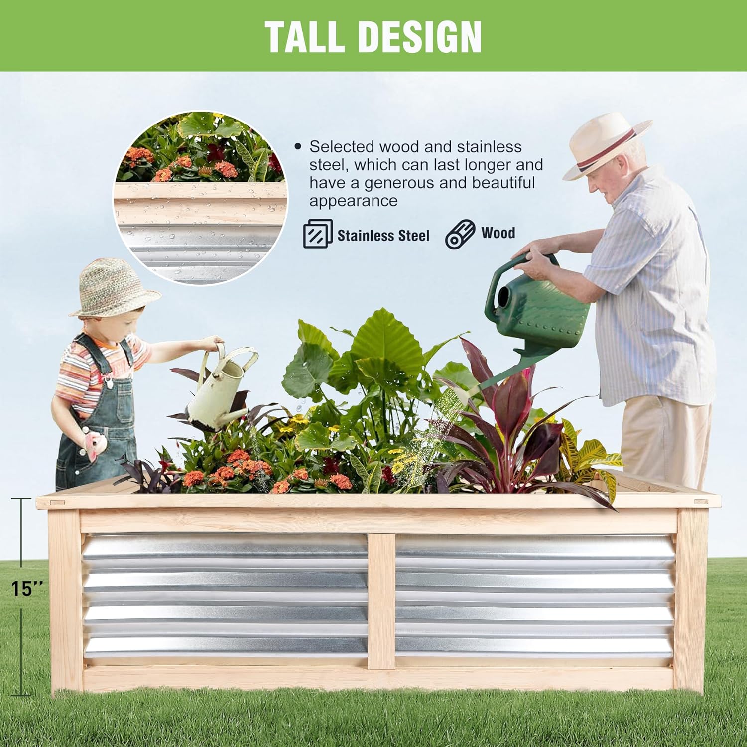Wood Garden Raised Bed Outdoor 4X2X1.2 FT Plant Box Planters for Outdoor Plants with Galvanized Metal for Herbs Vegetables Flowers Great Patio Deck Balcony
