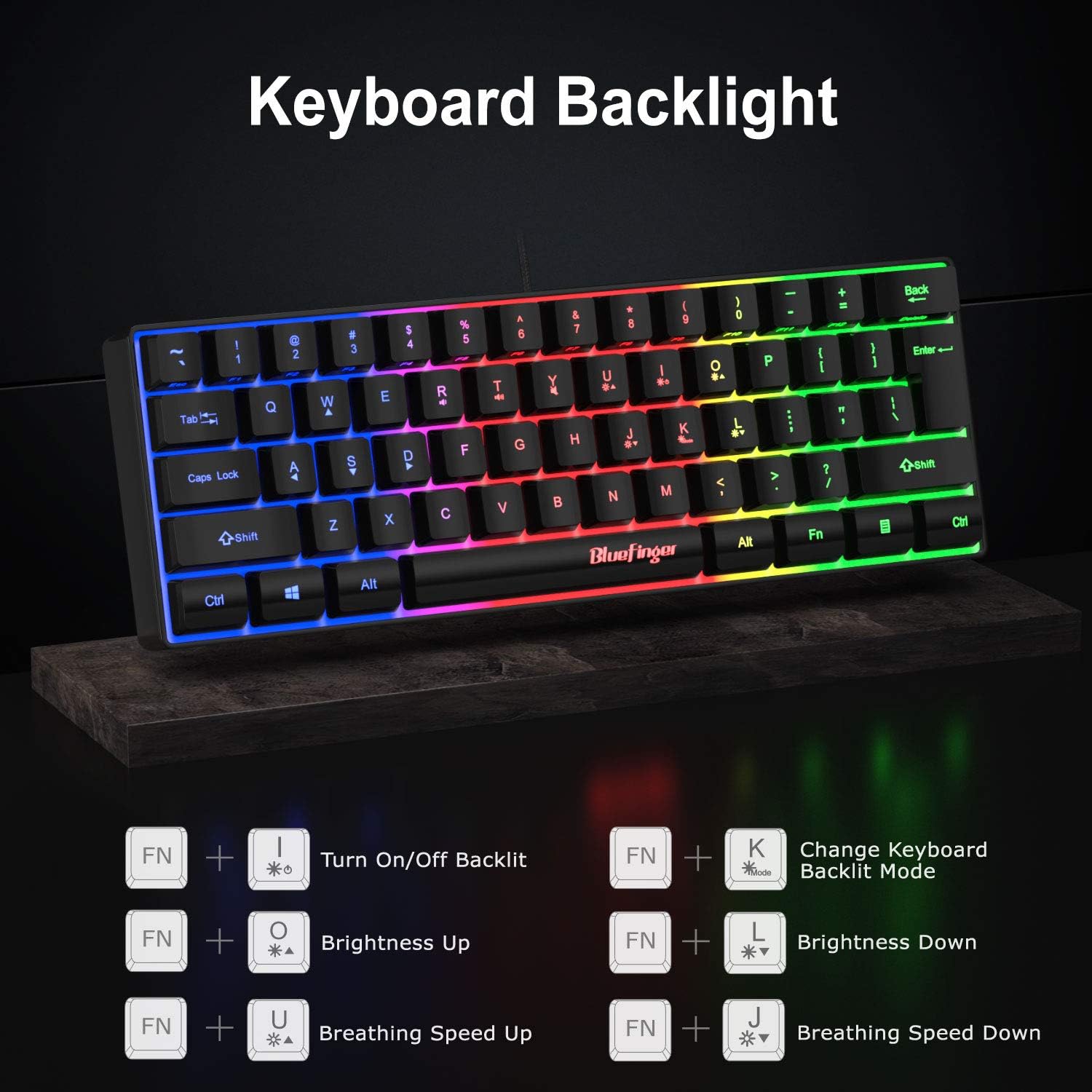 Bluefinger 60% Gaming Keyboard and Mouse Combo, Compact 61 Keys RGB Rainbow Backlit USB Wired Gaming Keyboard with Illuminated Gaming Mouse for PC Laptop Computer Gamer Office Work
