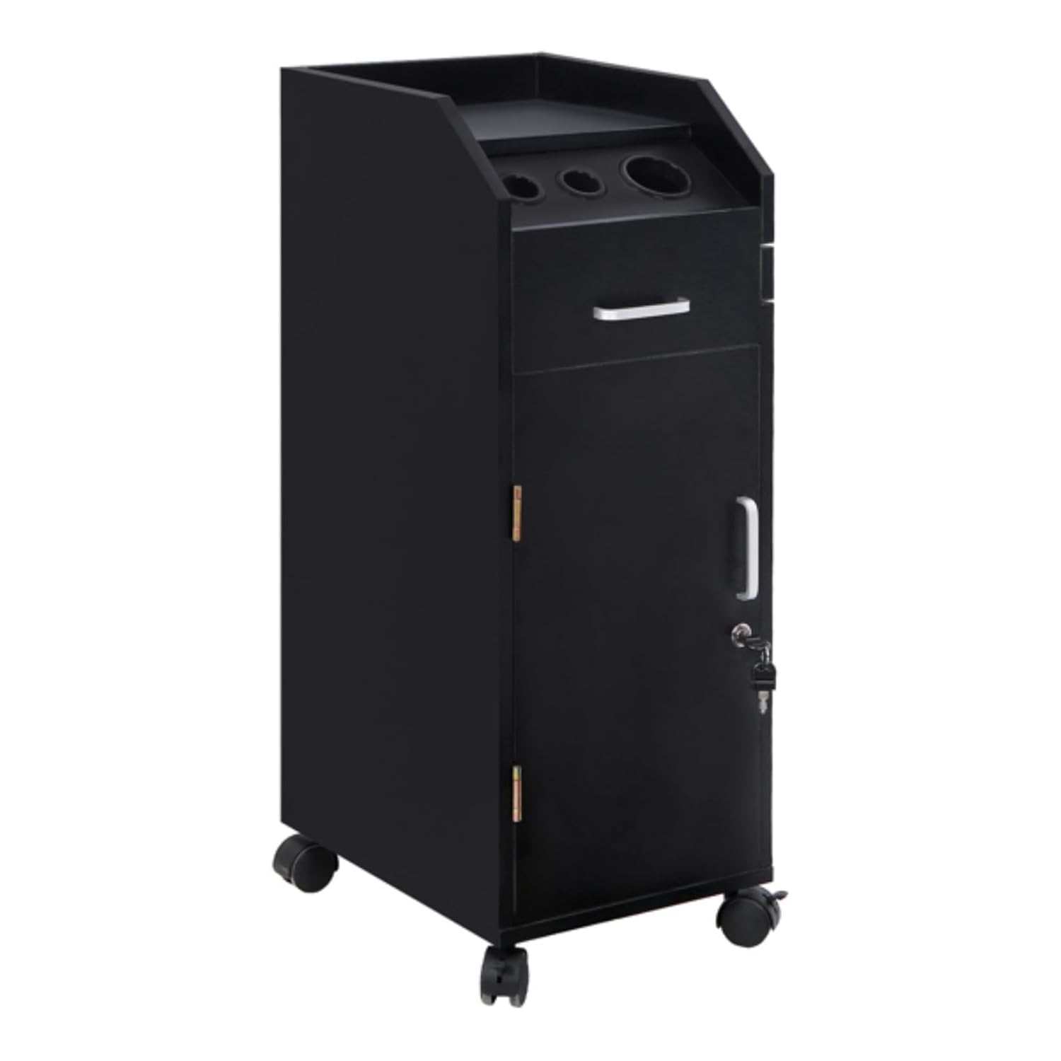 Beauty Hair Salon Trolley Storage Cart with 4 Drawers, 3 Hair Dryer Holder and Space-Saving Side Tray, Stylist SPA Beauty Hairdressing Equipment with Lockable Rolling Wheels, Black