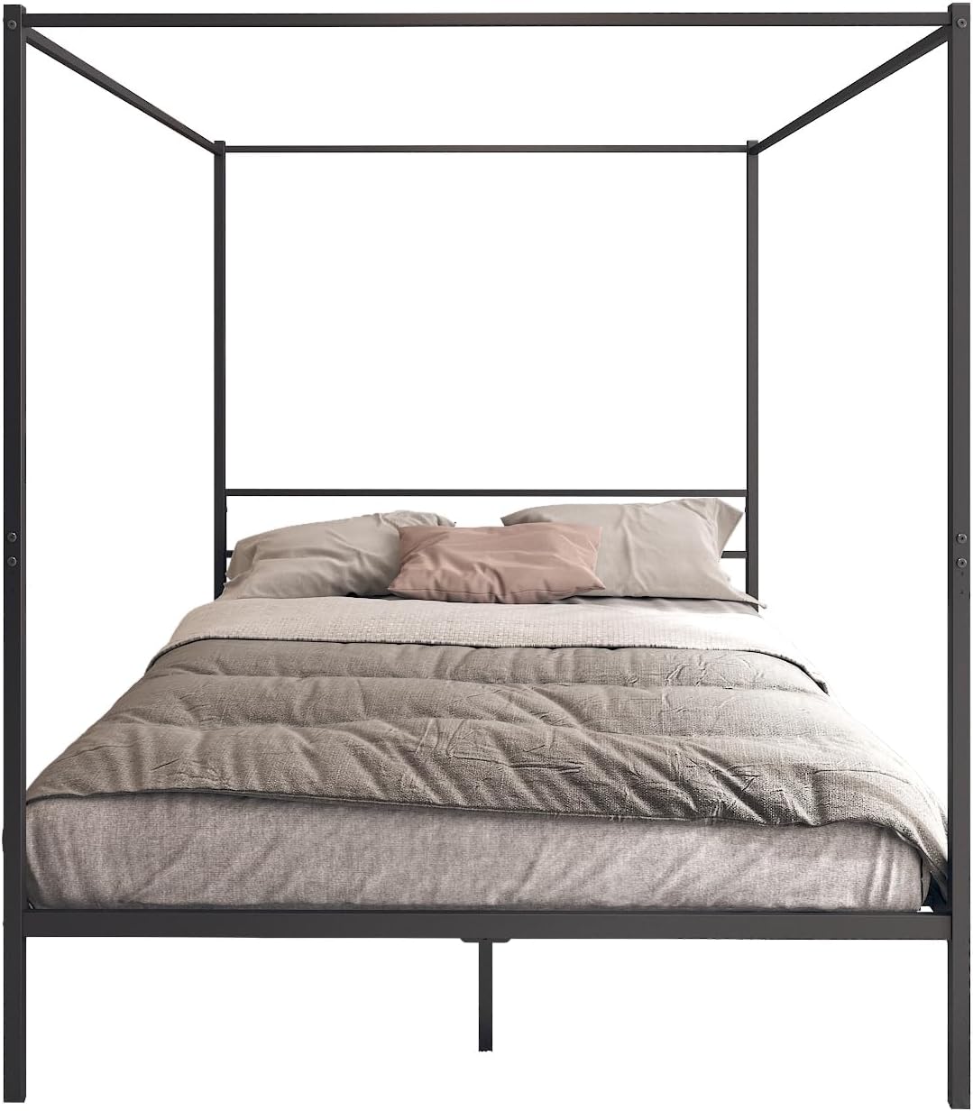 Queen Size Black Metal Canopy Bed Frame - Modern 4 Poster Design with Headboard and Corner Posts for Contemporary Elegance