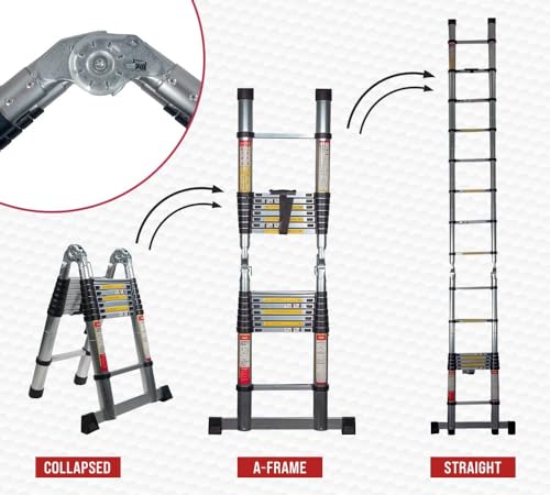 Mytee Products 16.5' Telescoping Ladder A Frame - Aluminum Extention Ladder w/Balance Bar, Carry Handle & Tool Tray - Folding Collapsible Ladder for Extend & Climb RV or for Household & Outdoor Work